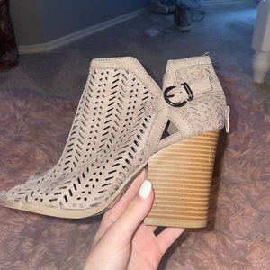 Camel colored, open-toed wedges, SIZE 8.5